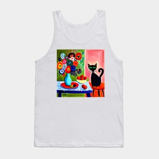 Black Cat with Flowers in a Blue Vase Still Life Painting Tank Top